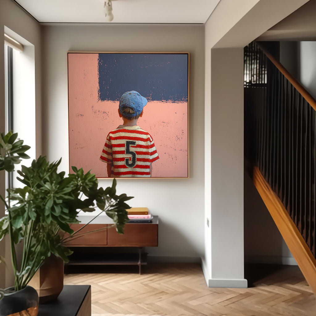 Minimalist Child Back View Painting Original Pink Wall Art Abstract Cool Boy Art For Living Room