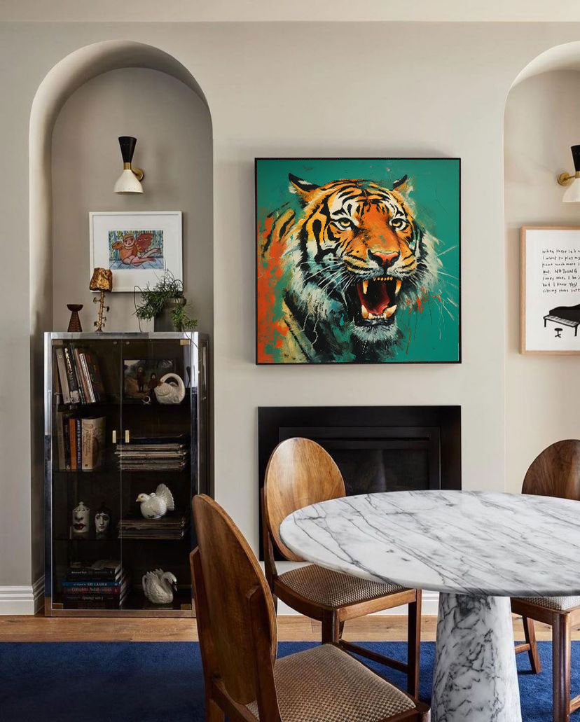 Large Green Background Abstract Tiger Canvas Oil Painting Original Tiger Canvas Wall Art Modern Animal Artwork Living Room Office