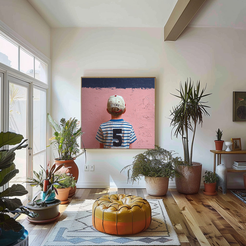 Original Pink Wall Art Minimalist Child Back view Painting Abstract Cool Boy Art For Living Room