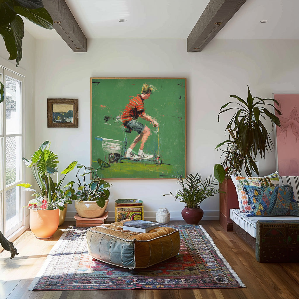 Minimalist Energetic Boy Riding A Scooter Painting Abstract Fashionable Street Style Original Green Wall Art