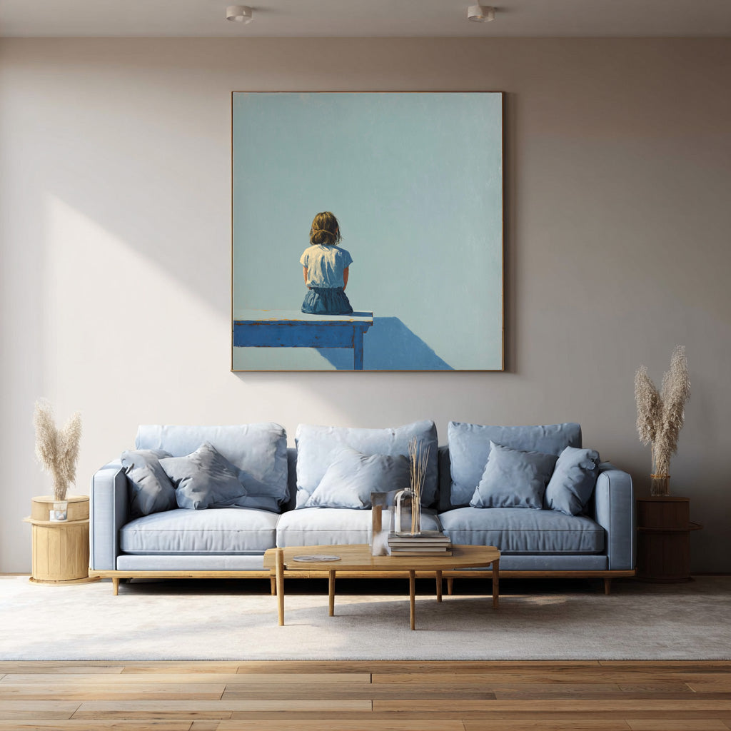 Original Blue Wall Art Abstract Warm atmosphere Art Minimalist Girl Back View Painting For Living Room