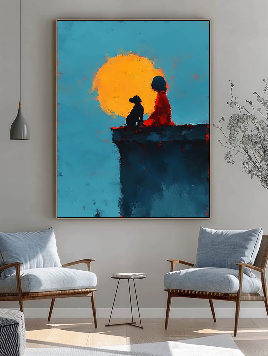 Minimalist Girl And Dog Painting Meaningful Gift Abstract Sunset Canvas Impressionist Textured Fine Art