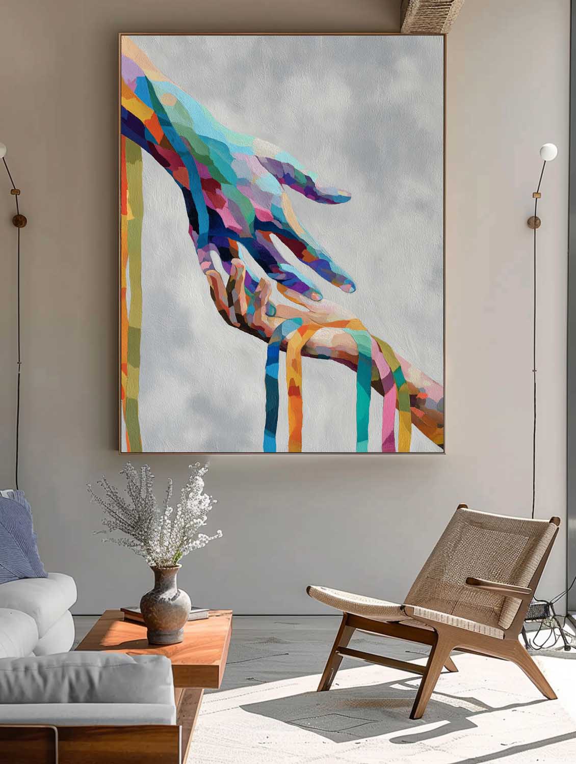 Vibrant Abstract Color Hands Connecting Art Modern Geometric Wall Decor Minimalist Unique Love & Unity Home Art