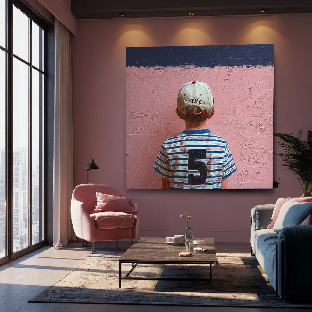 Original Pink Wall Art Minimalist Child Back view Painting Abstract Cool Boy Art For Living Room