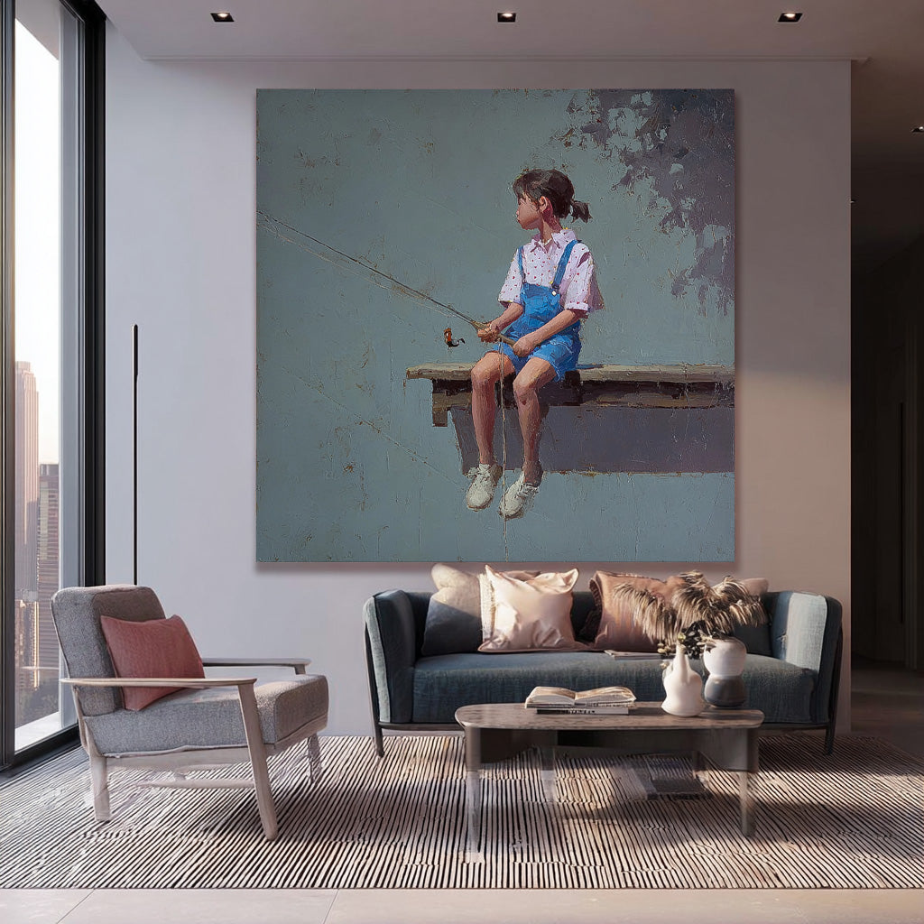 Abstract Warm atmosphere Art Original Grey Wall Art Minimalist Girl Fishing Painting For Living Room