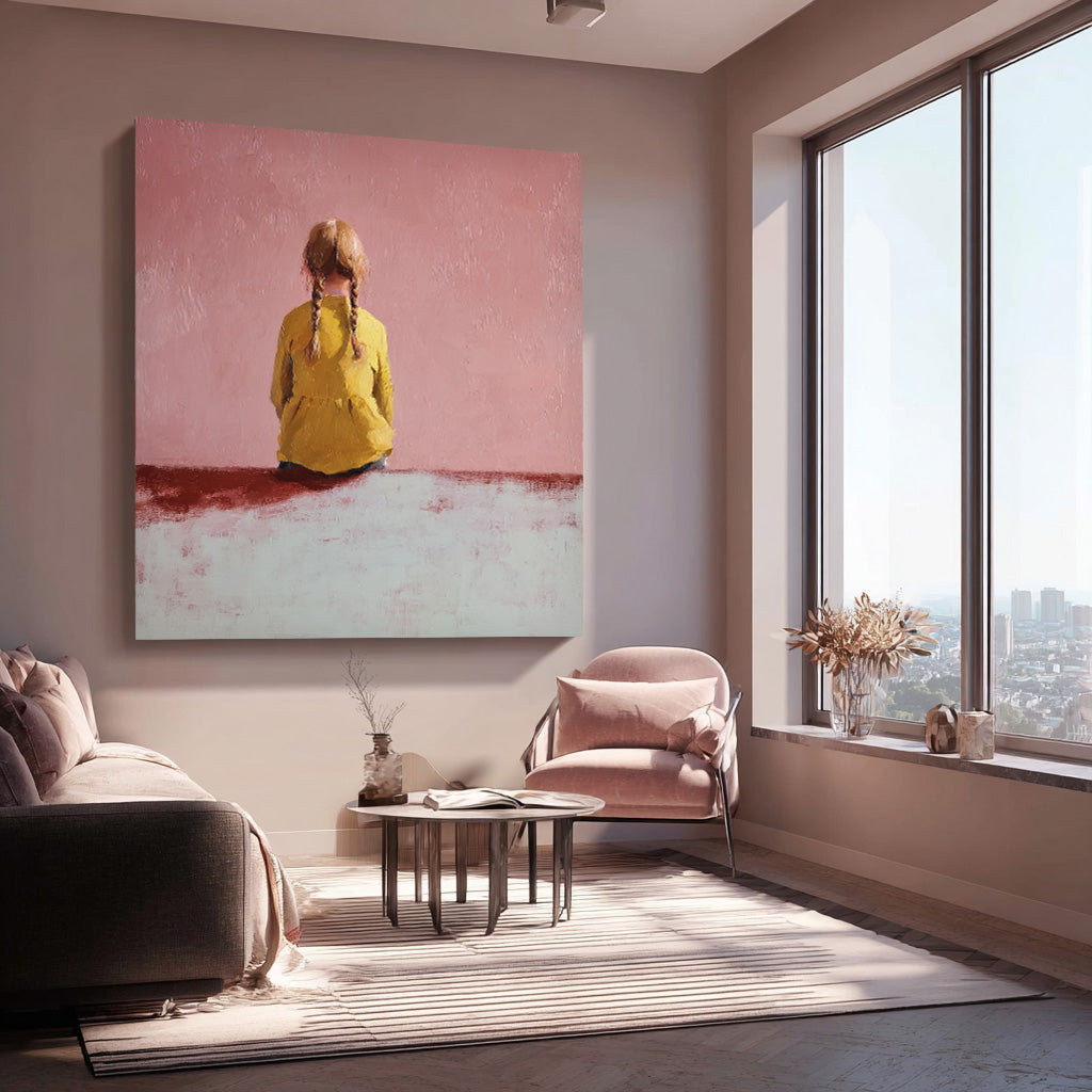 Minimalist Girl Back view Painting Abstract Warm atmosphere Art Original Pink Wall Art For Living Room