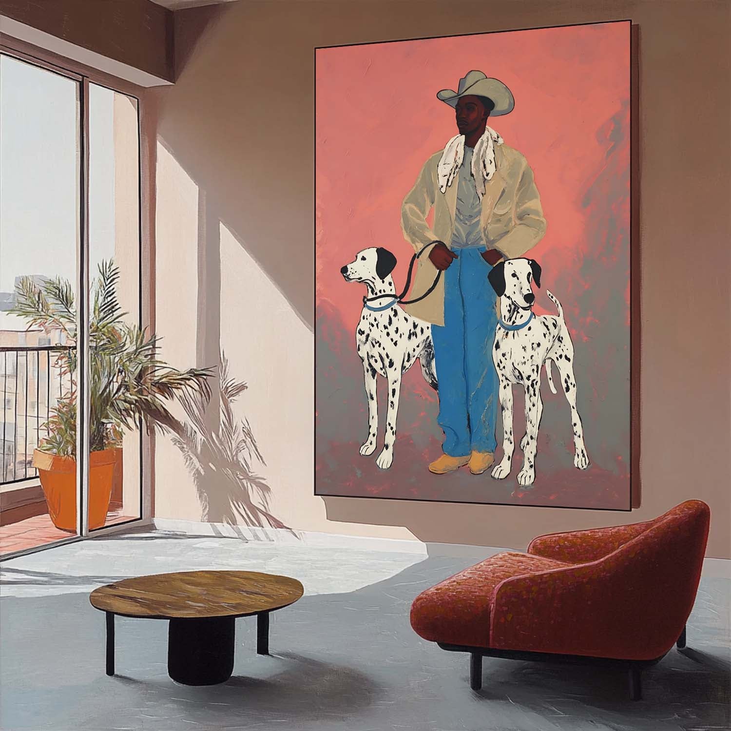 Vintage Cowboy With Dalmatian Dogs Handpainted Painting Western Style Wall Art Unique Animal Painting Dog Lovers