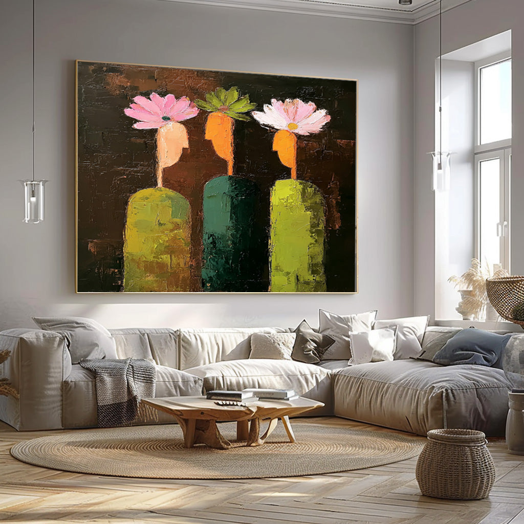 Unique Abstract Painting With Floral People Minimalist Boho Wall Decor for Stylish Homes Textured Family Artwork