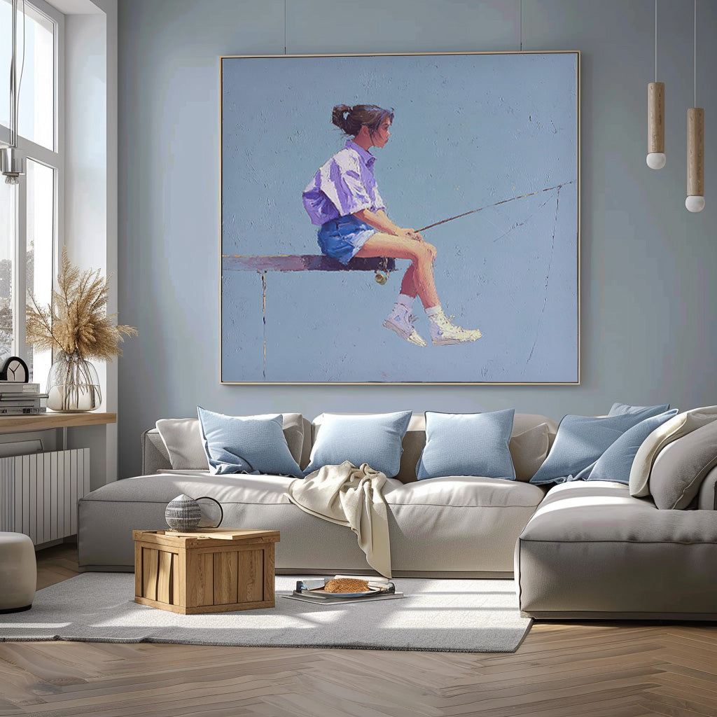 Minimalist Girl Fishing Painting Abstract Warm atmosphere Art Original Blue Wall Art For Living Room