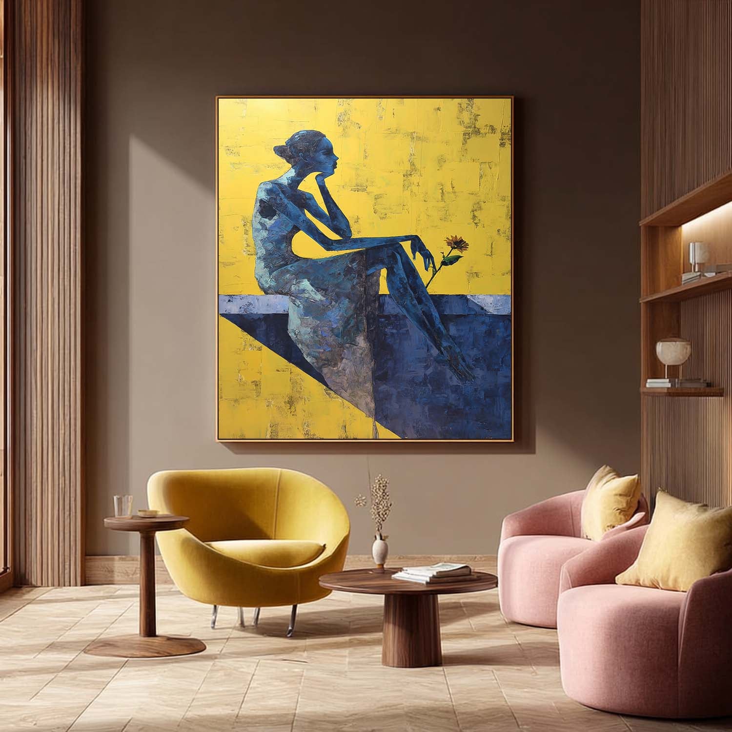 Textured Abstract Painting Pensive Lady Impasto Style Wall Art Contemporary Meditative Female Portrait Artwork