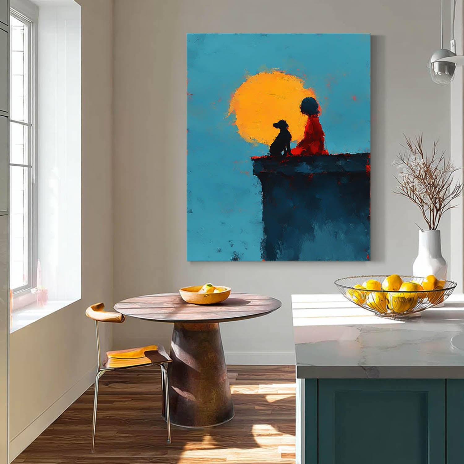 Minimalist Girl And Dog Painting Meaningful Gift Abstract Sunset Canvas Impressionist Textured Fine Art