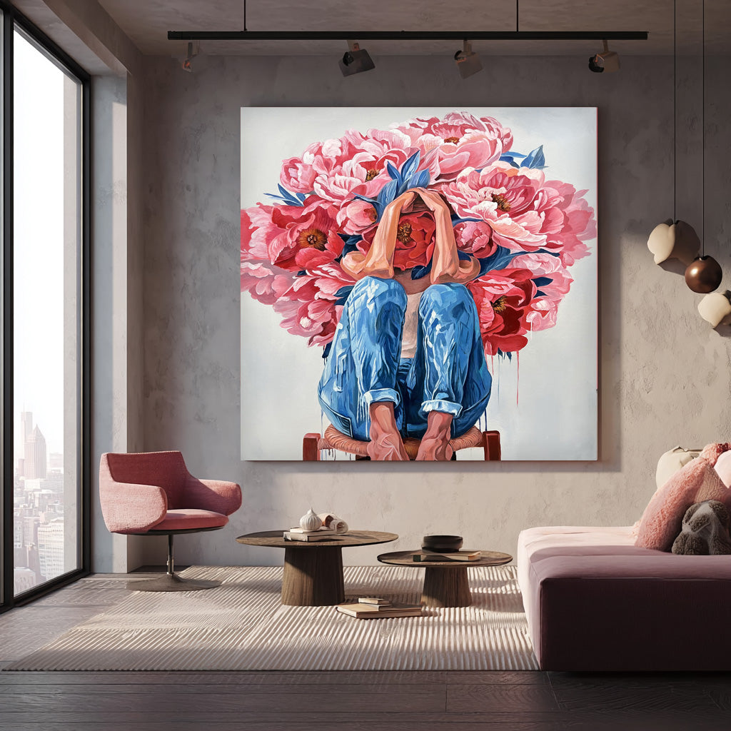 Original Beautiful Peony People Artwork Abstract Figure Painting Canvas Large Woman Wall Art Home Decor