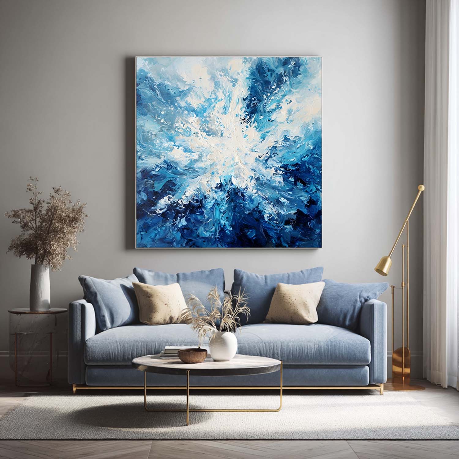 Abstract Blue Ocean Wave Canvas Art Modern Contemporary Painting For Living Room Vibrant Hand Painted Style