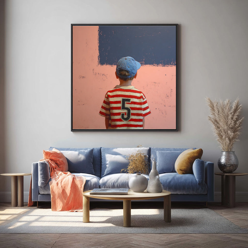 Minimalist Child Back View Painting Original Pink Wall Art Abstract Cool Boy Art For Living Room