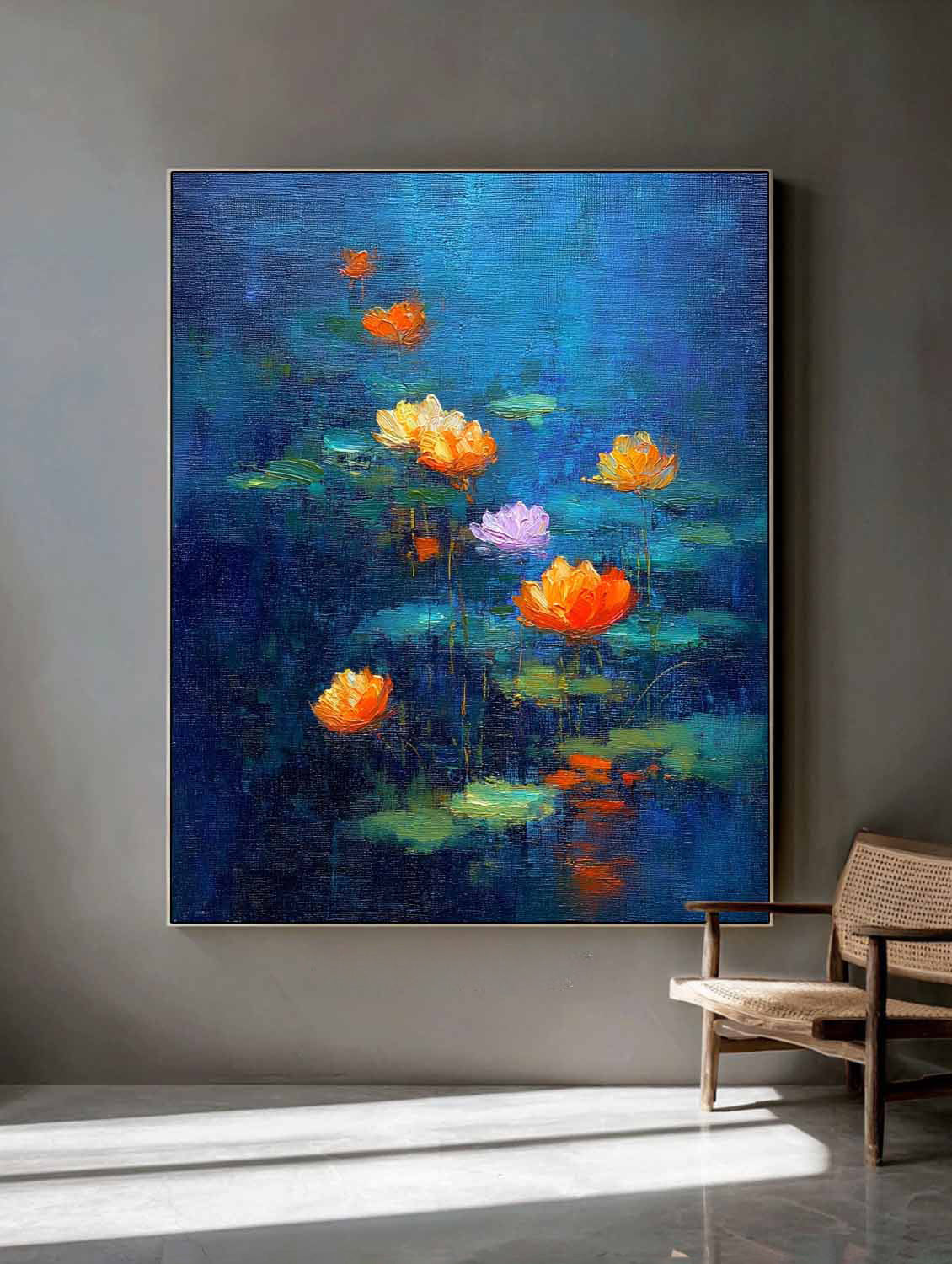 Blue Toned Abstract Lotus Flower Oil Painting on Canvas Modern Wall Art Hand-Painted Lotus Pond Artwork