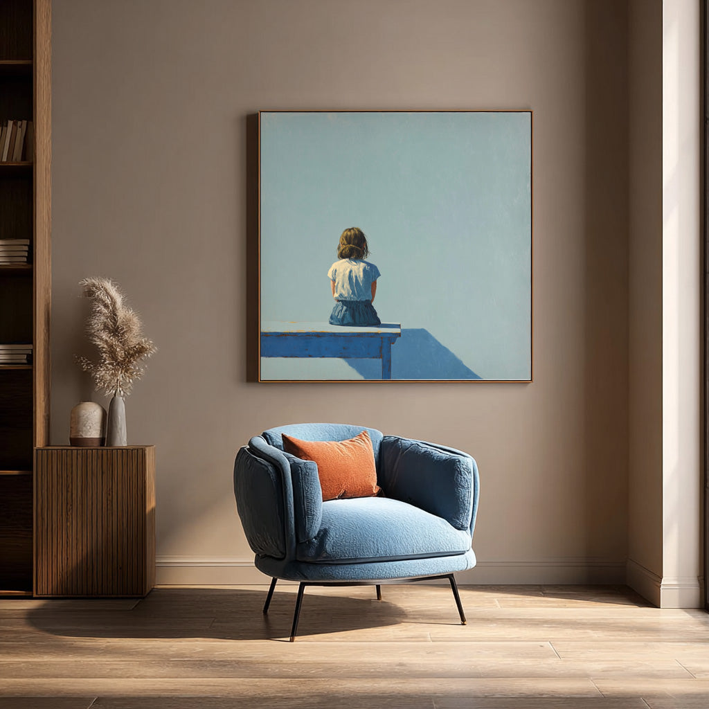 Original Blue Wall Art Abstract Warm atmosphere Art Minimalist Girl Back View Painting For Living Room