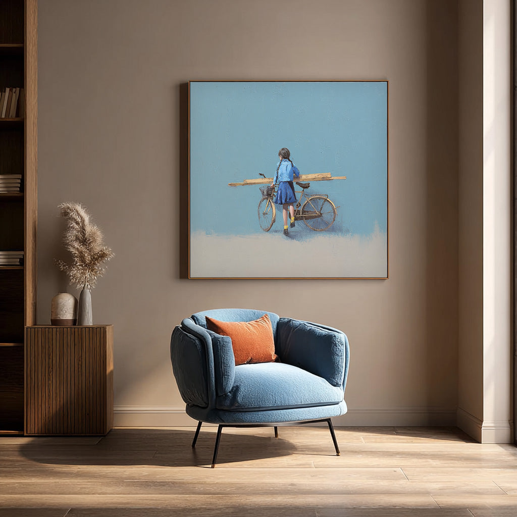 Blue Wall Art Minimalist Girl Riding A Bicycle Painting Abstract Warm atmosphere Art For Living Room