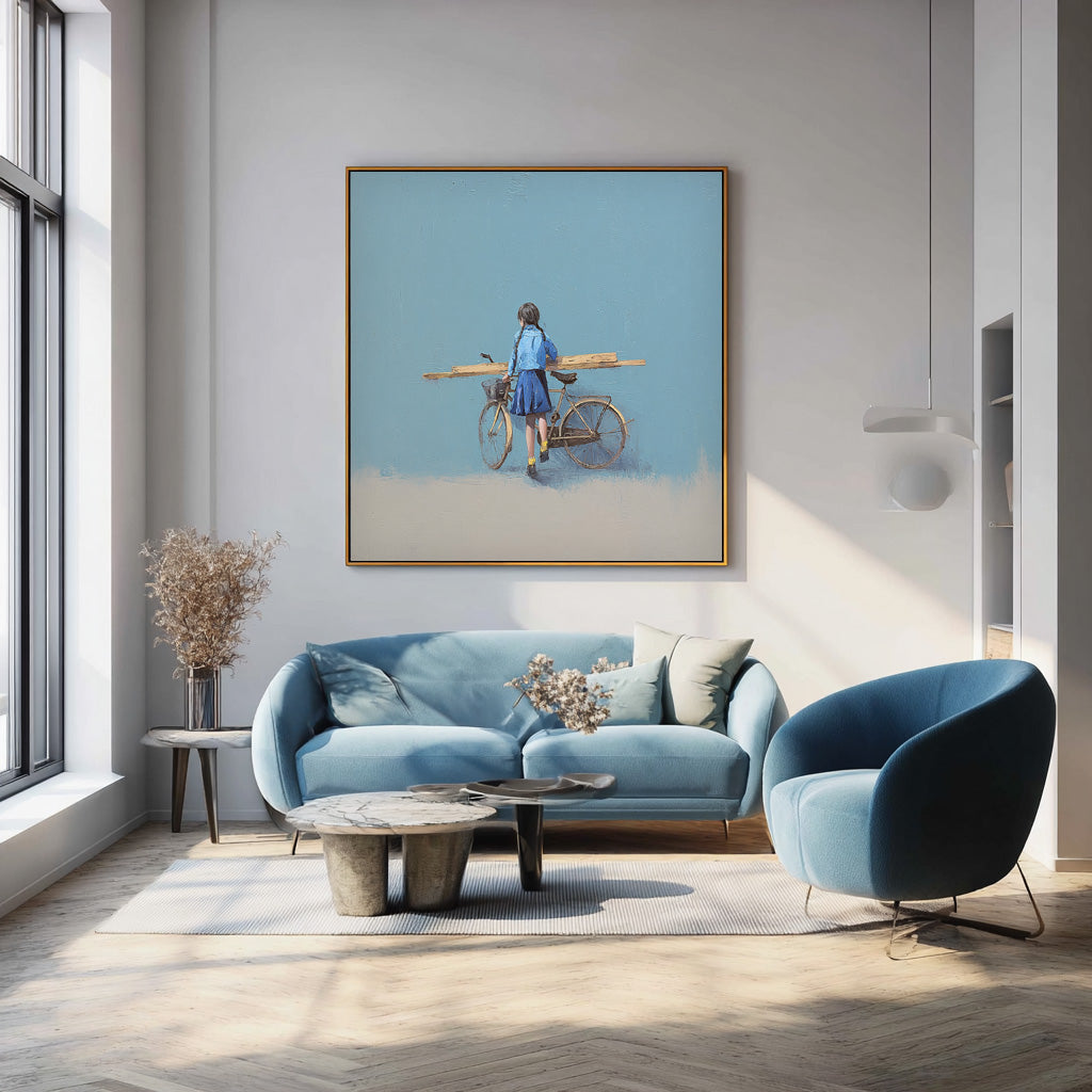 Blue Wall Art Minimalist Girl Riding A Bicycle Painting Abstract Warm atmosphere Art For Living Room