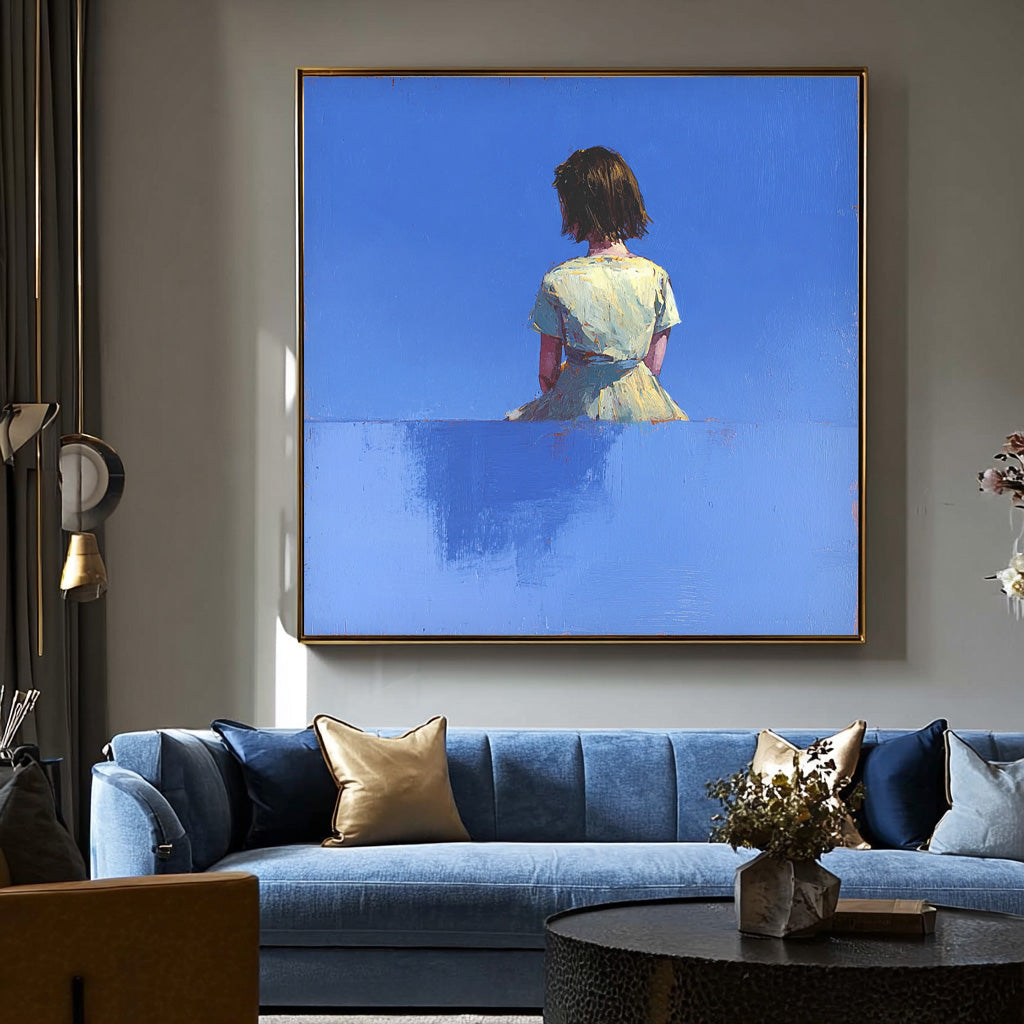 Abstract Warm atmosphere Art Minimalist Girl Back View Painting Original Blue Wall Art For Living Room