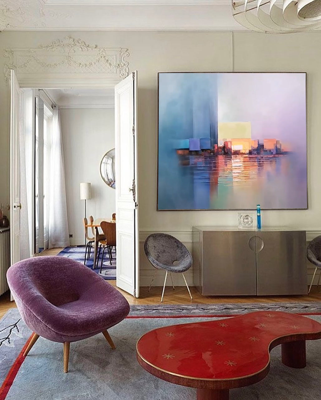 Colorful Modern Abstract Cityscape Oil Painting Large Texture Painting On Canvas Blue and purple Wall Art Home Decor