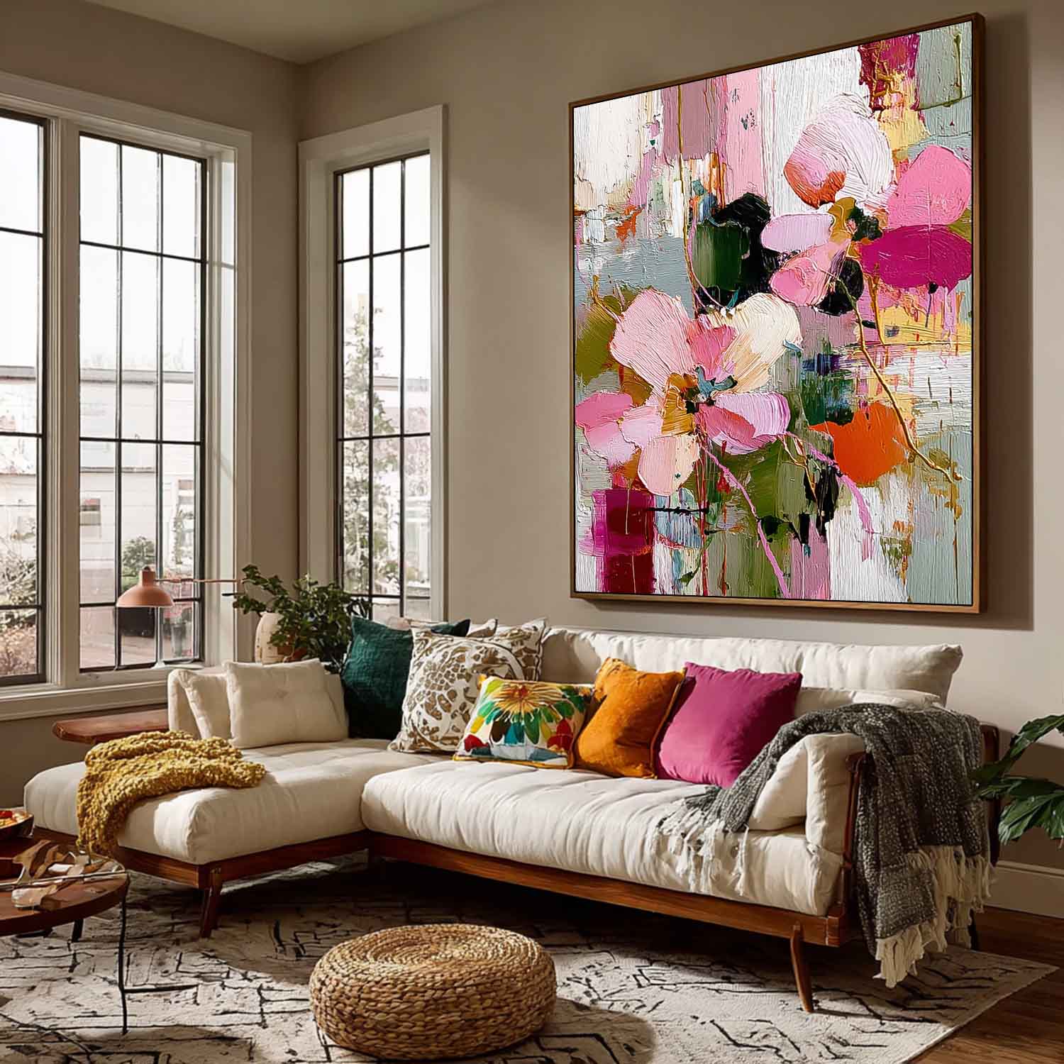 Large Pink Flower Abstract Painting Canvas Original Artwork Texture Plant Wall Art For Living Room