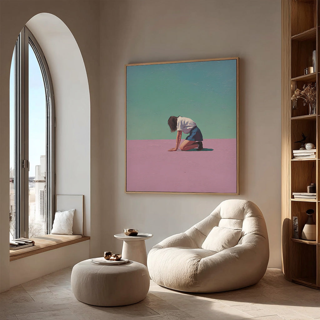 Abstract Warm atmosphere Art Minimalist Girl Painting Original Pink And Green Wall Art For Living Room