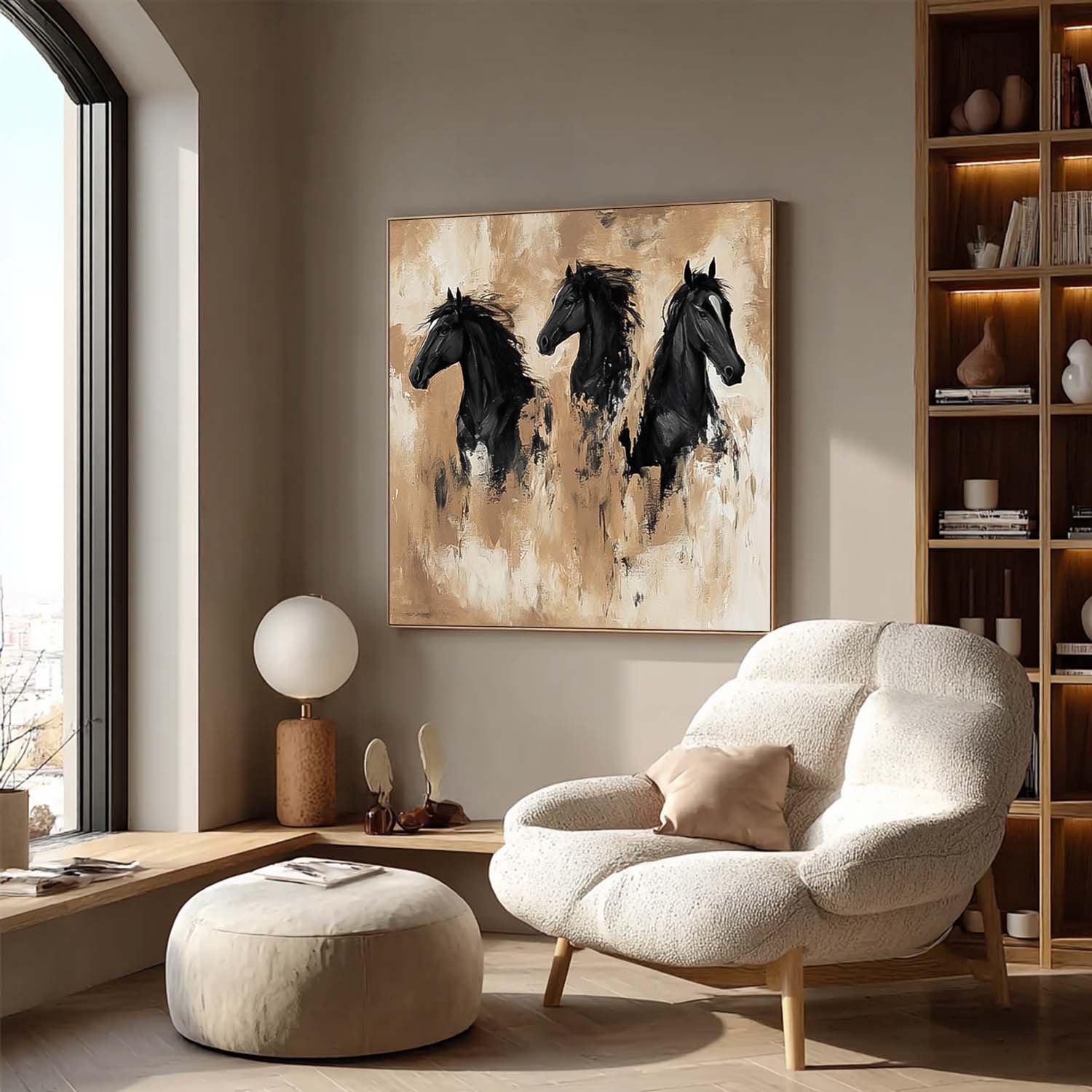 Large Retro Animal Artwork Home Decor Original Abstract Three Horse Wall Art Square Oil Painting Canvas