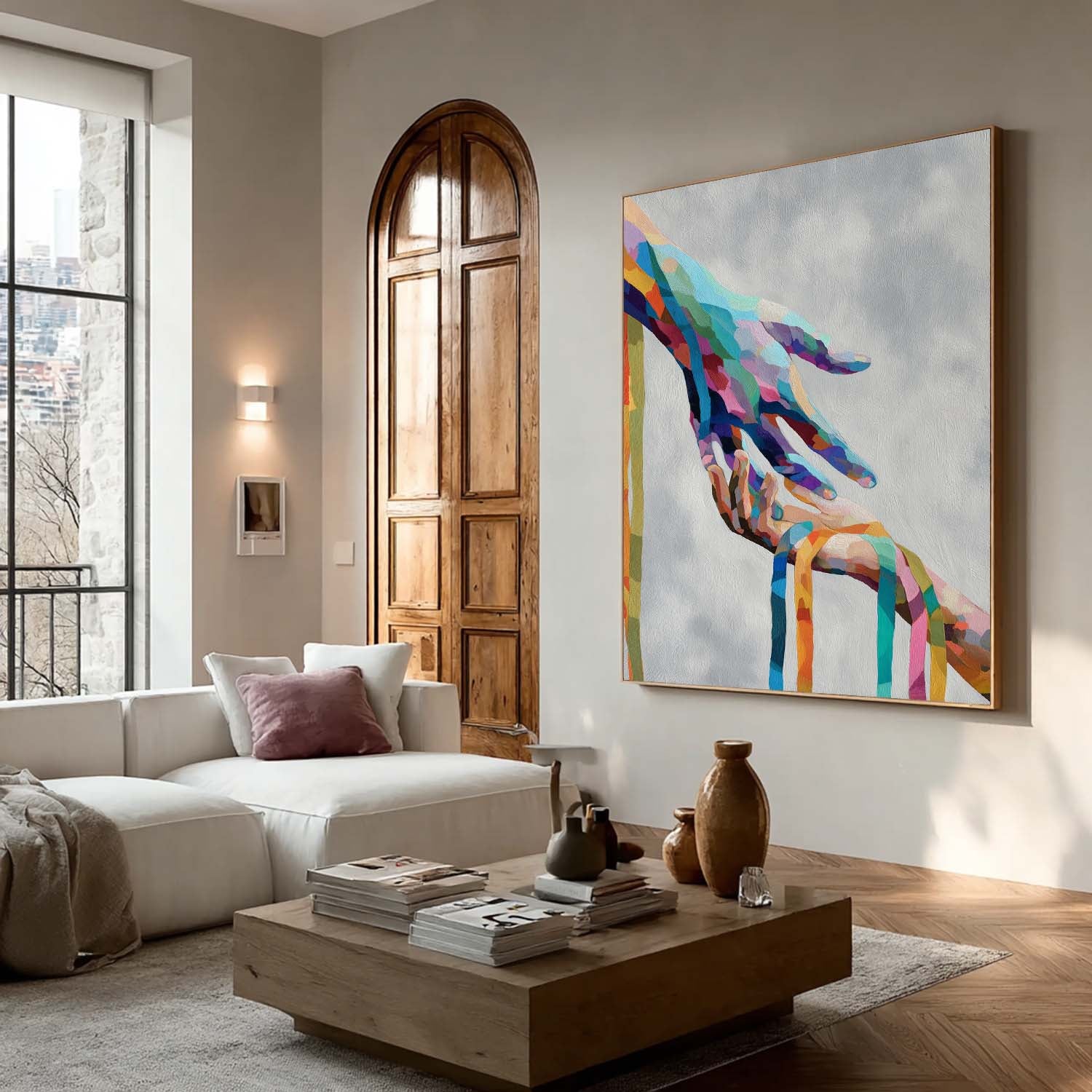 Vibrant Abstract Color Hands Connecting Art Modern Geometric Wall Decor Minimalist Unique Love & Unity Home Art