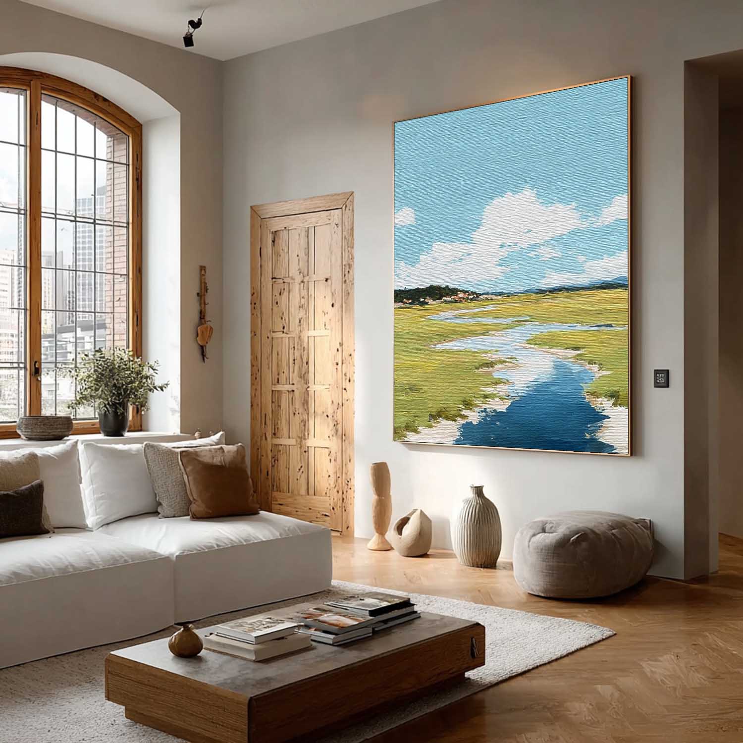 Abstract Vllage Scenery Oil Painting Framed Tranquil Landscape Artwork Large Wall Art Home Decor