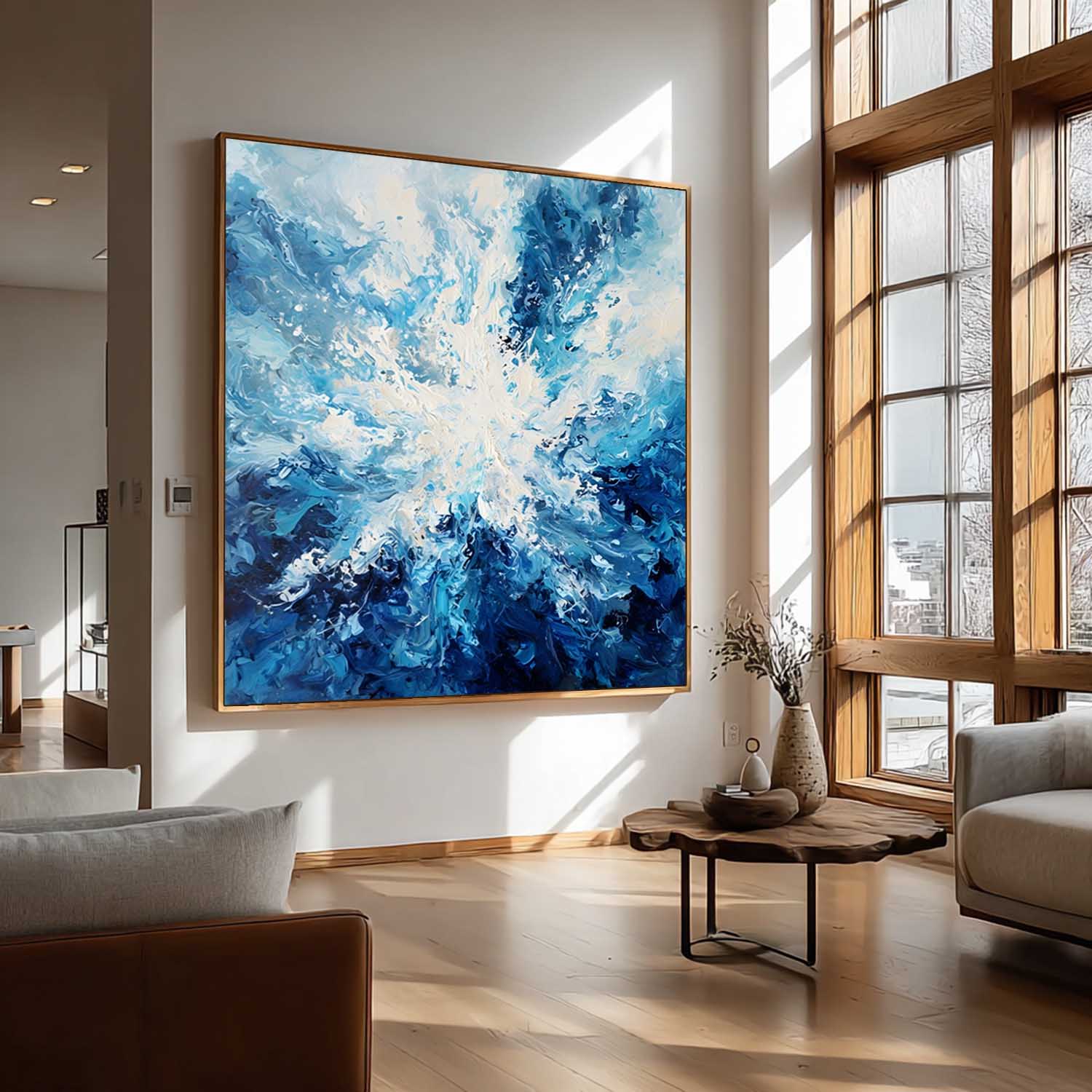 Abstract Blue Ocean Wave Canvas Art Modern Contemporary Painting For Living Room Vibrant Hand Painted Style