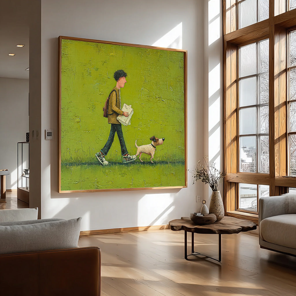 Abstract Warm And Peaceful atmosphere Landscape Green Grassland Wall Art Minimalist Boy Walking The Dog Painting
