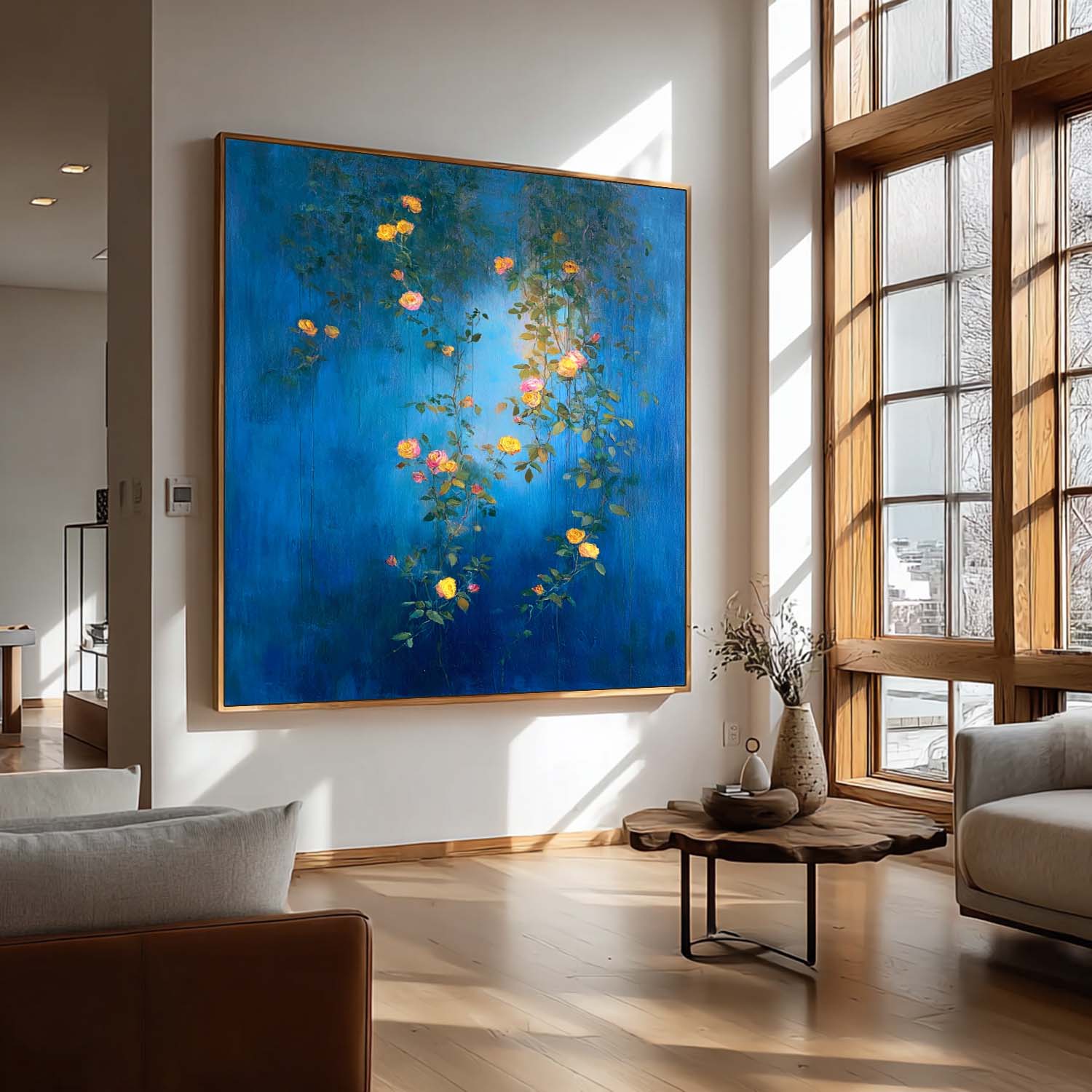 Original Floral Wall Art Canvas Vibrant Yellow & Pink Roses On Deep Blue Background Modern Boho Living Room