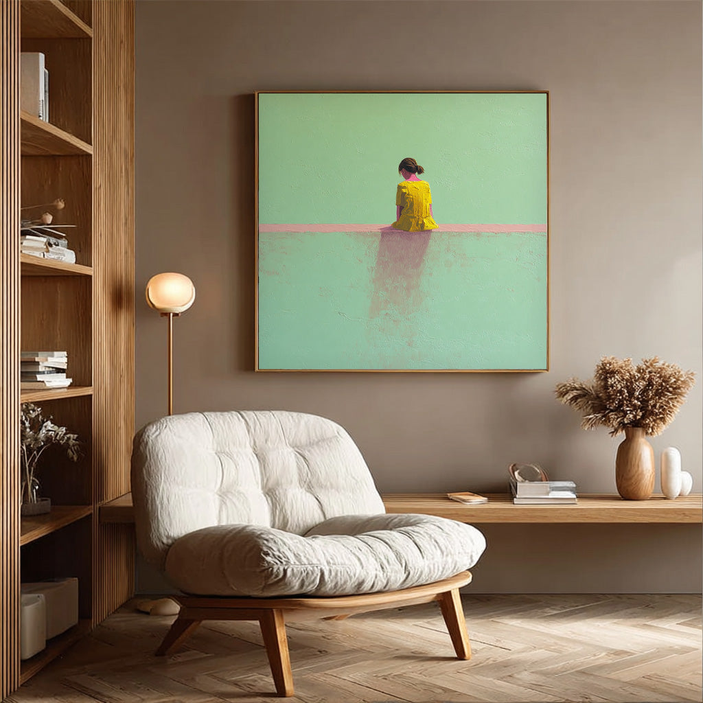 Minimalist Girl View Of Back Painting Green Wall Art Abstract Warm atmosphere Art For Living Room