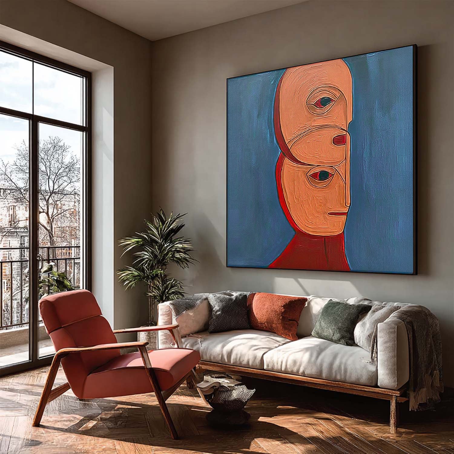 Square Large Abstract Portrait Wall Art Original Warm Color Textured People Painting Canvas Home Decor