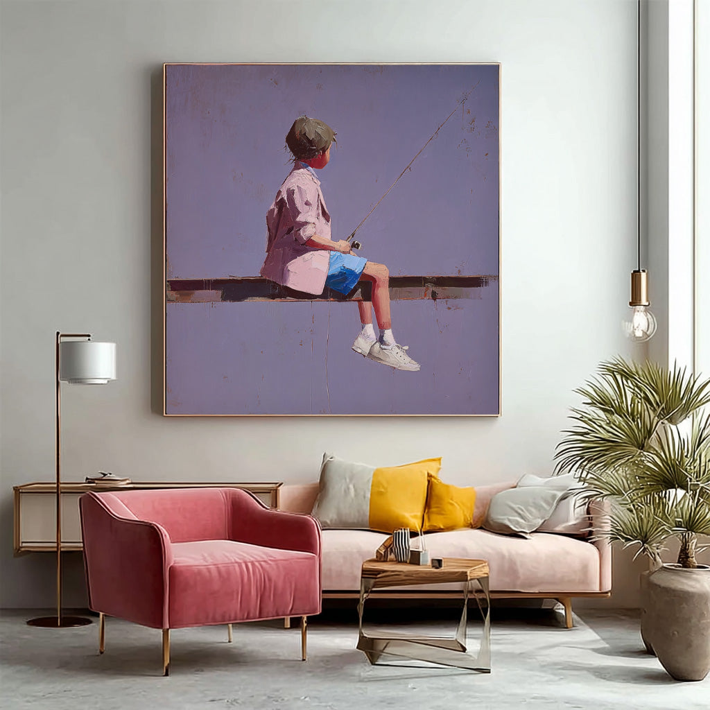 Abstract Warm atmosphere Art Original Purple Wall Art Minimalist Boy Fishing Painting For Living Room