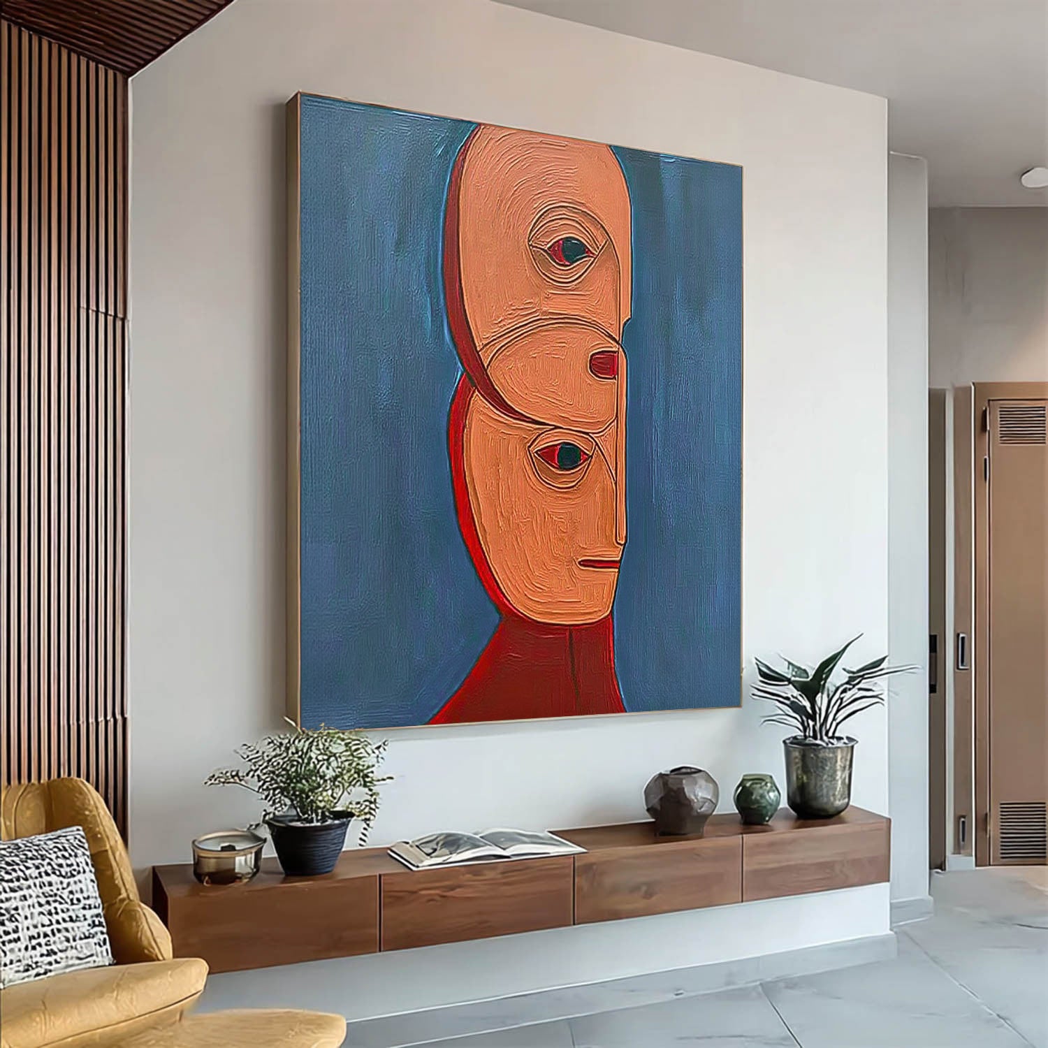Square Large Abstract Portrait Wall Art Original Warm Color Textured People Painting Canvas Home Decor