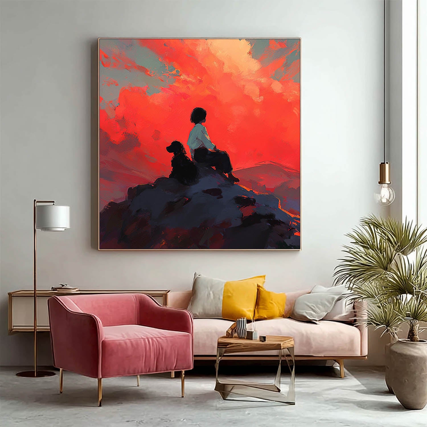 Vibrant Red Clouds Abstract Wall Art Modern Illustration Of Friendship Canvas Emotional Landscape Artwork
