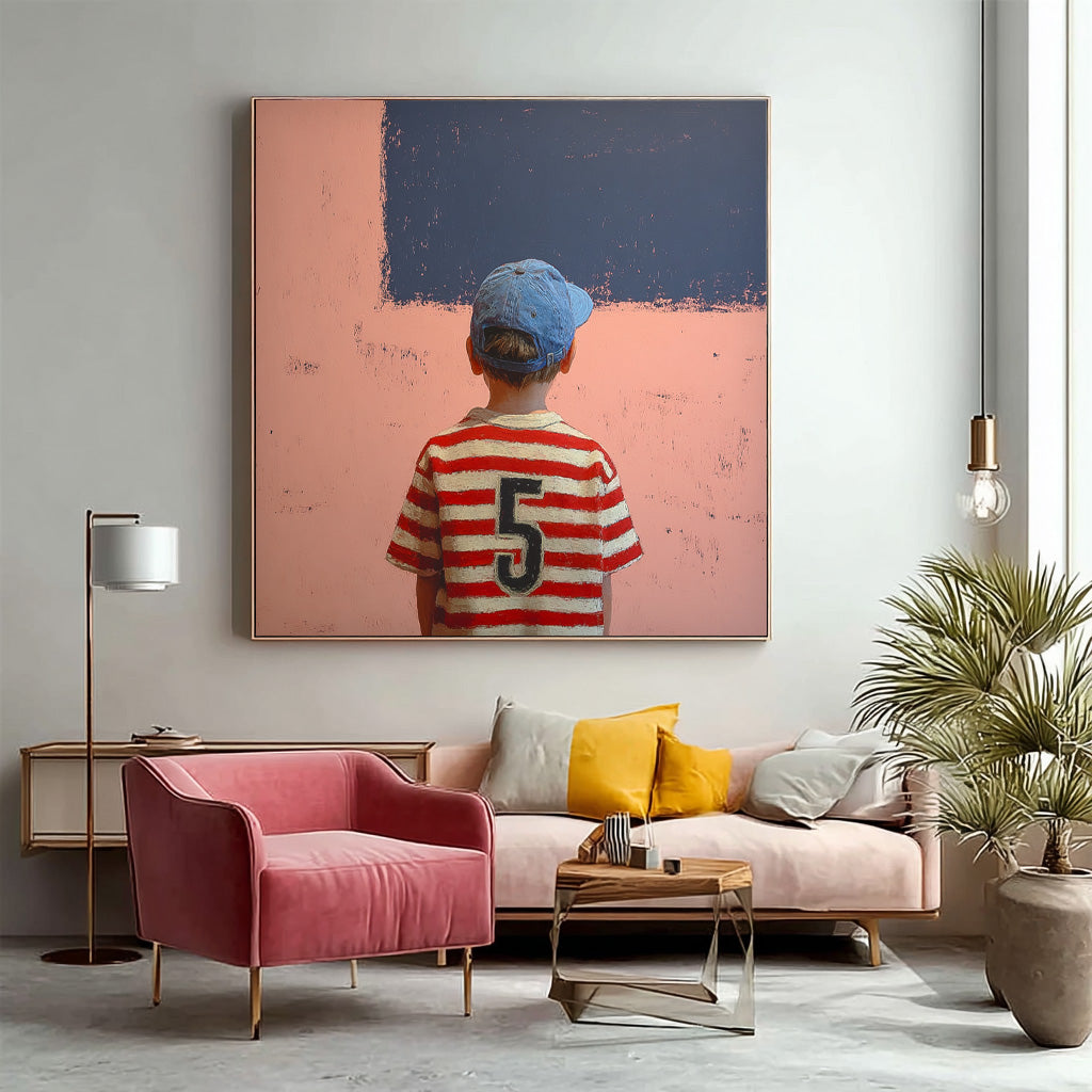 Minimalist Child Back View Painting Original Pink Wall Art Abstract Cool Boy Art For Living Room