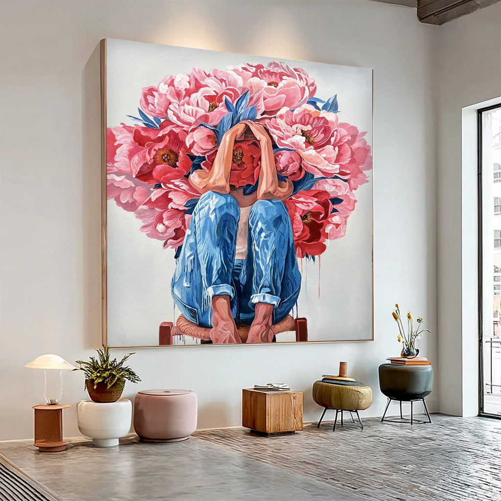 Original Beautiful Peony People Artwork Abstract Figure Painting Canvas Large Woman Wall Art Home Decor