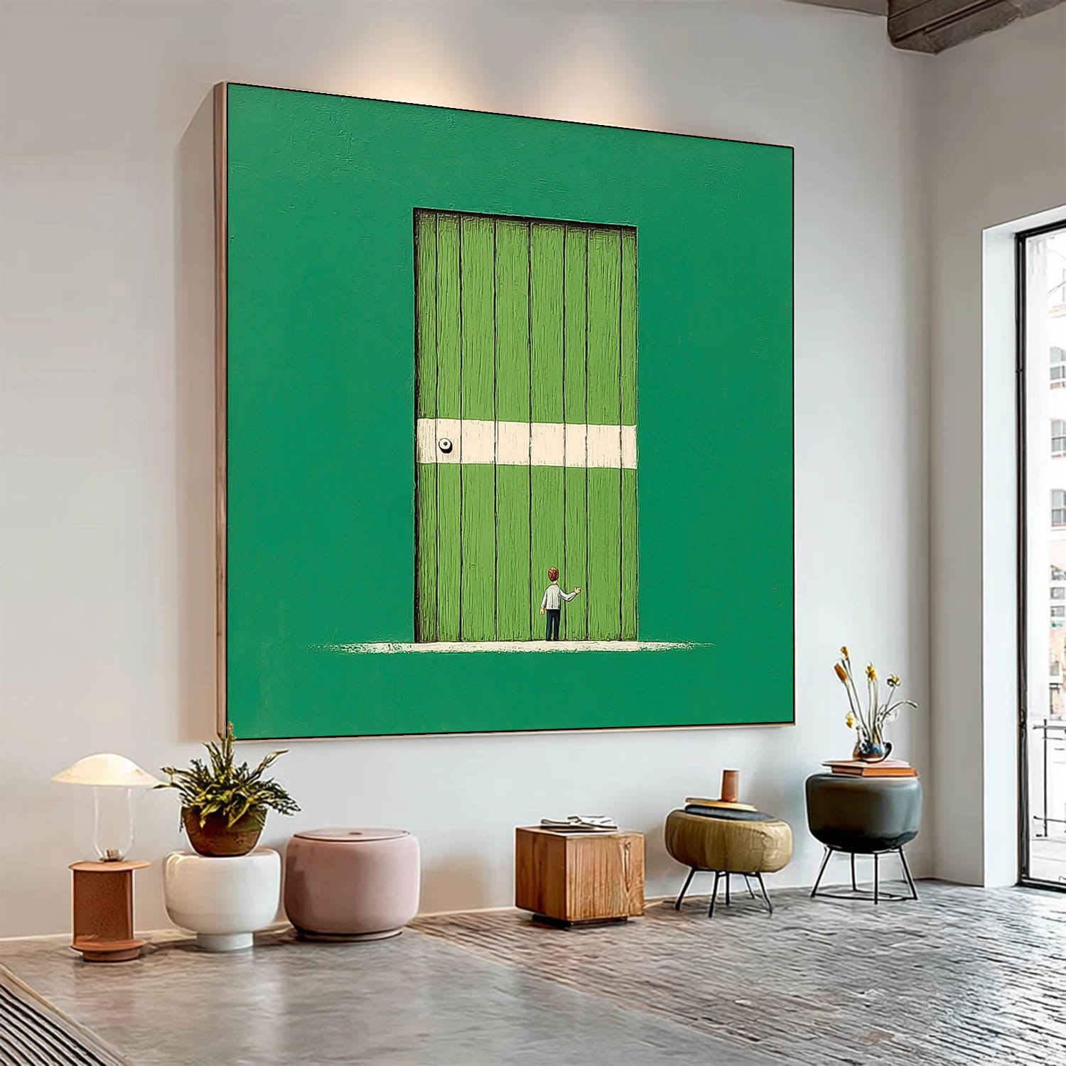Large Architectural Door Painting Framed Abstract Acrylic painting Original Green Doorway Wall Art