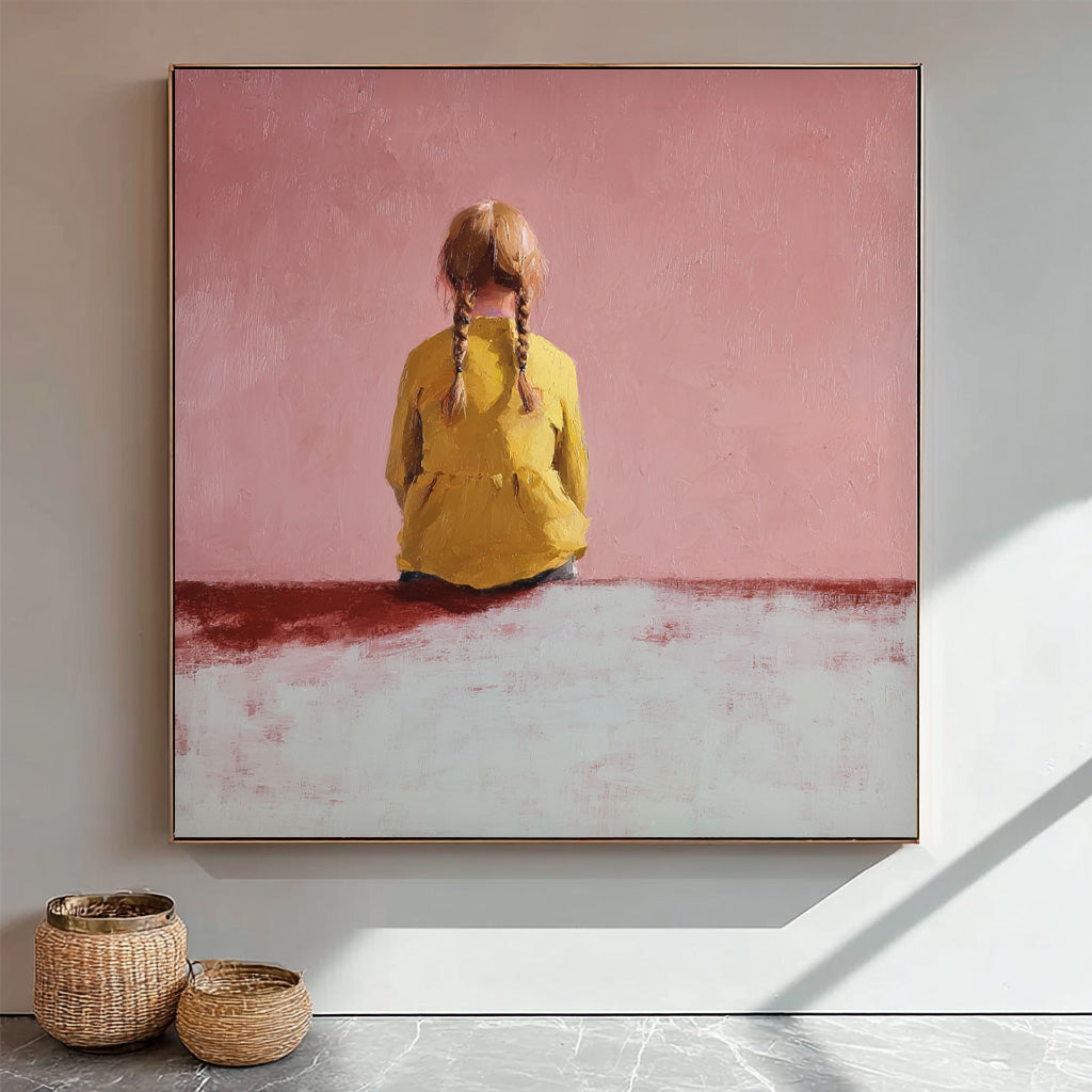 Minimalist Girl Back view Painting Abstract Warm atmosphere Art Original Pink Wall Art For Living Room