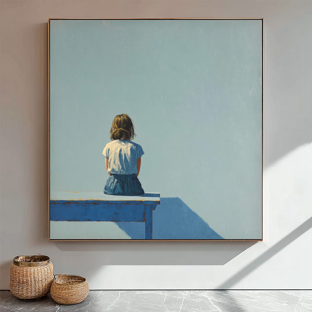 Original Blue Wall Art Abstract Warm atmosphere Art Minimalist Girl Back View Painting For Living Room