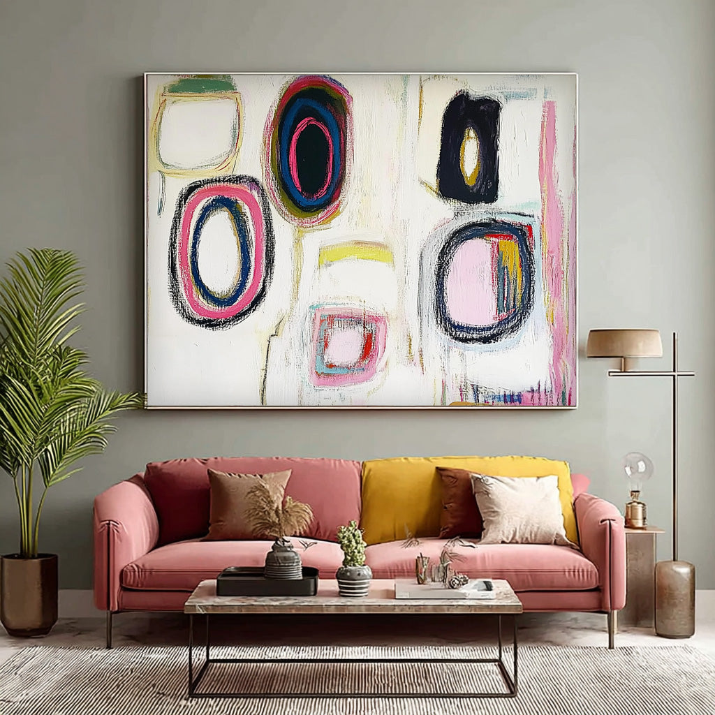 White Abstract Handmade Oil Painting Modern Colorful Artwork Original Irregular Geometric Circles Wall Art
