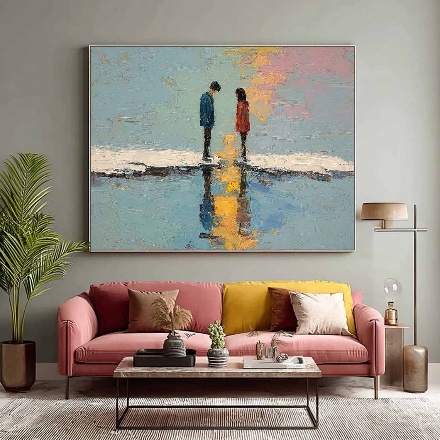 Abstract Couple Palette Knife Painting Sunset Water Reflection Wall Art Large Impressionist Canvas for Living Room