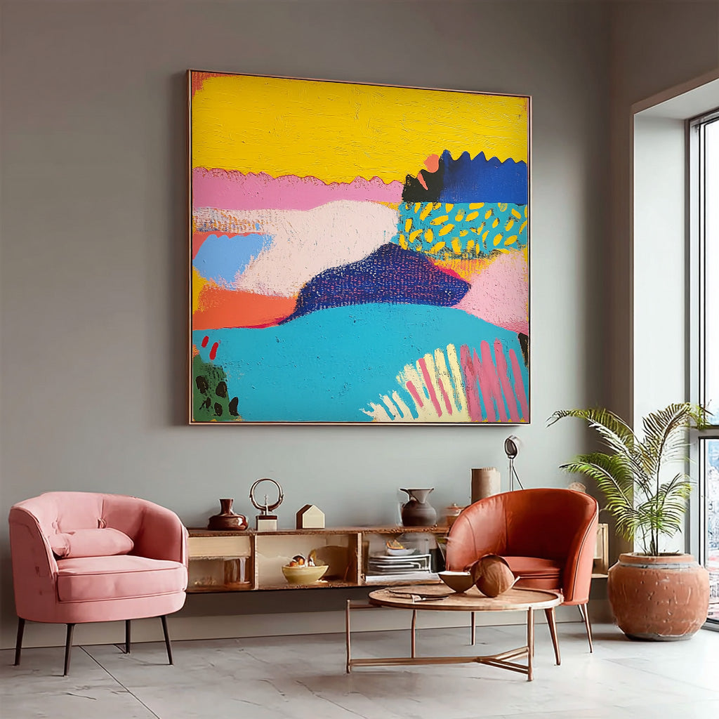 Original Landscape Painting Square Contemporary Art Acrylic painting Abstract Graffiti Wall Art Decor