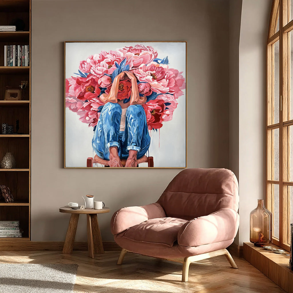Original Beautiful Peony People Artwork Abstract Figure Painting Canvas Large Woman Wall Art Home Decor