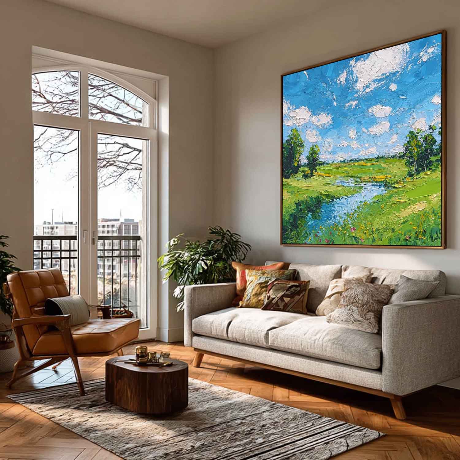 Large Texture Scenery Wall Art Framed Abstract Fields And Rvers Landscape Oil Painting Rural Warmth Artwork