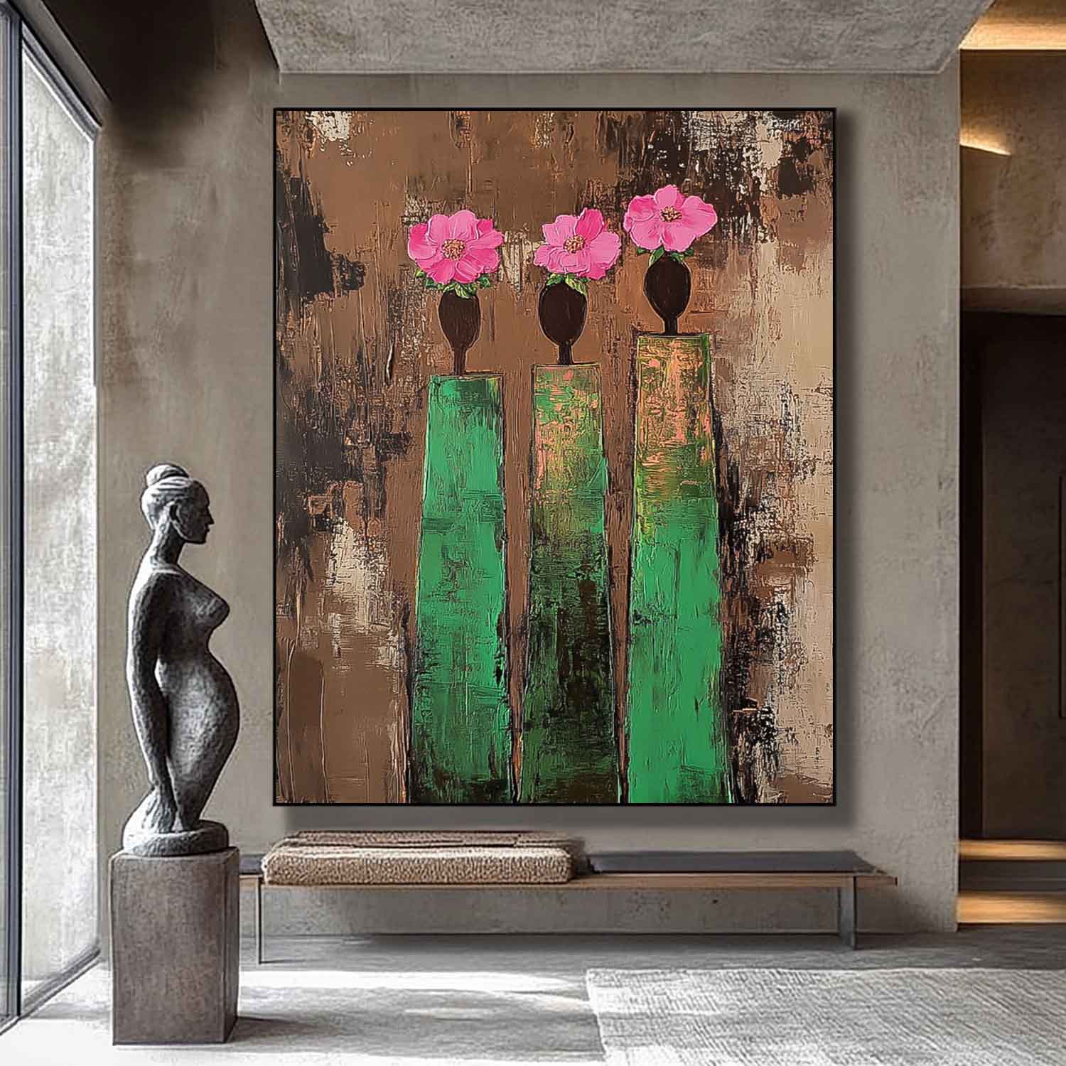 Original Retro Painting Pink And Green Modern People Silhouette Wall Art Abstract Simple Characters Artwork