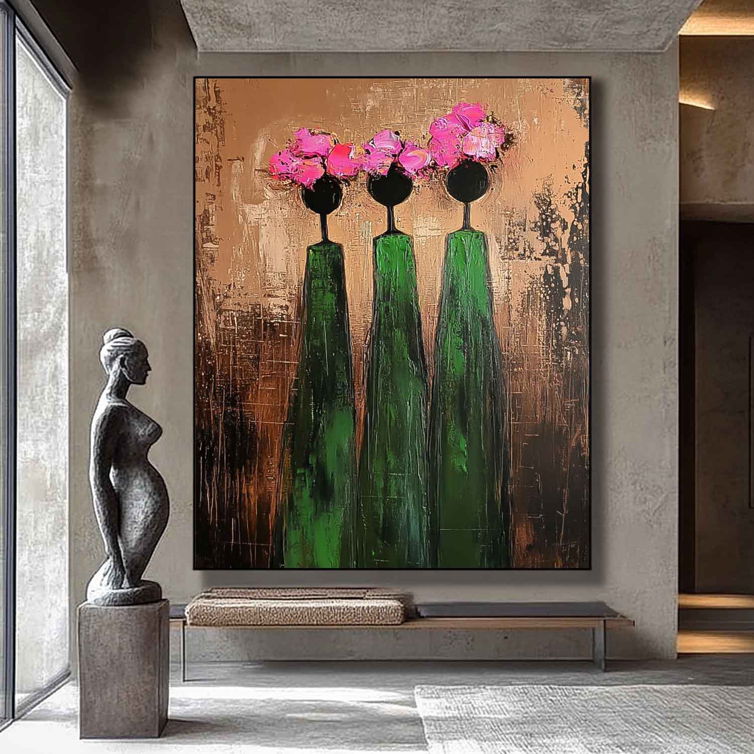 Pink And Green Modern People Silhouette Wall Art Original Retro Painting Abstract Simple Characters Artwork
