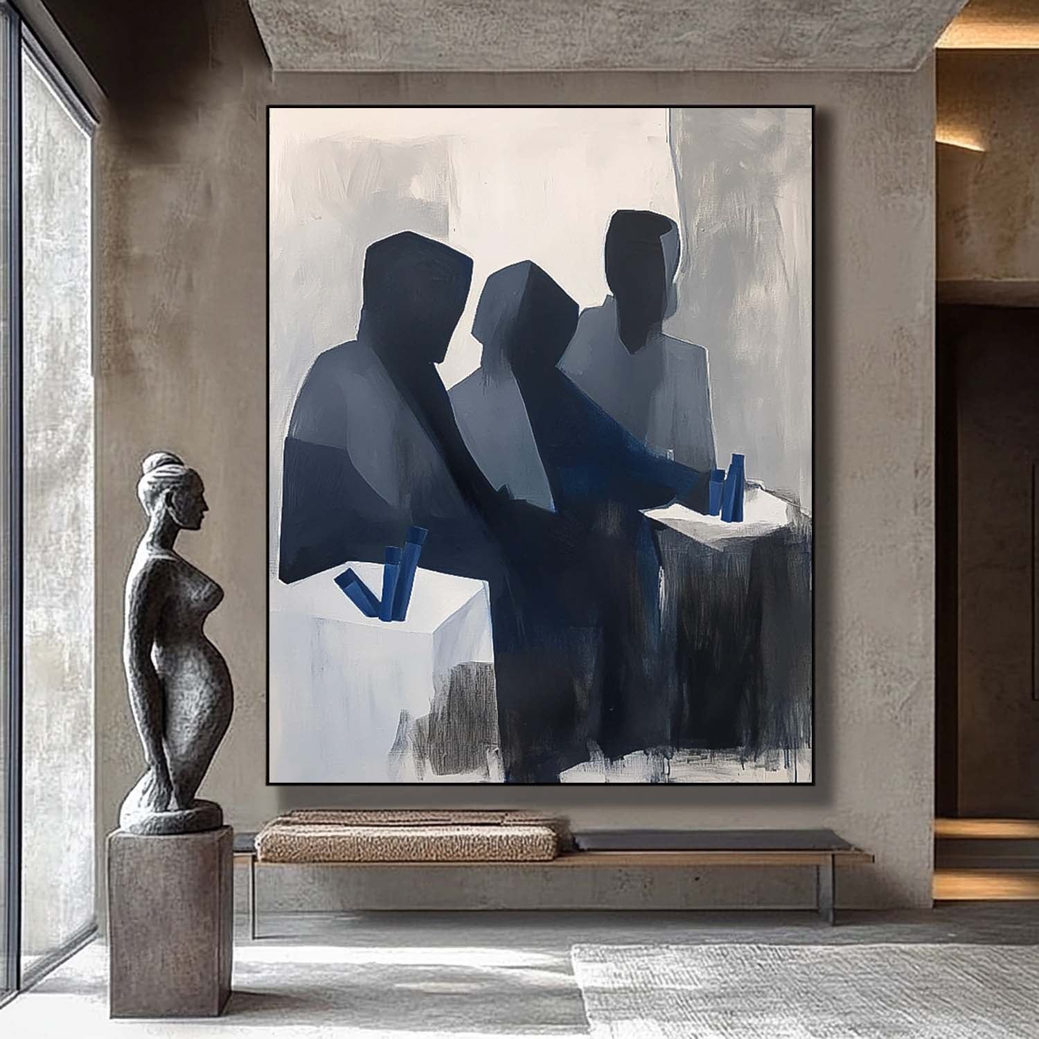 Modern Grey Minimal Abstract Painting Contemporary Gallery Wall Art Figure Neutral Wall Decor Line